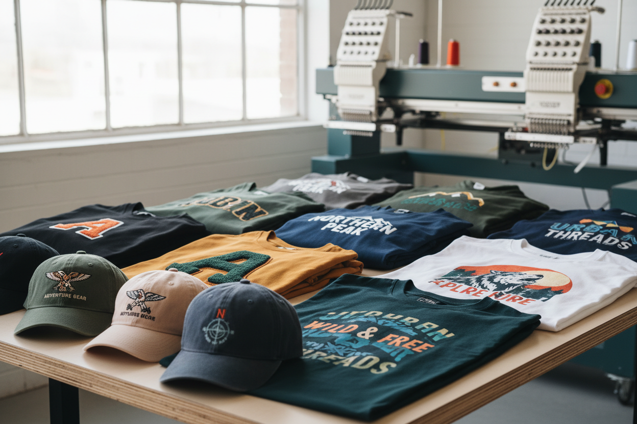 Close-up flat lay of finished custom apparel including embroidered hats, hoodies, and printed t-shirts neatly arranged on a clean studio table, embroidery and screen printing machines softly blurred in the background, bright natural lighting, professional product photography, realistic textures, focus on quality and branding, clean modern aesthetic, photorealistic, wide Shopify banner composition, 1920x1080