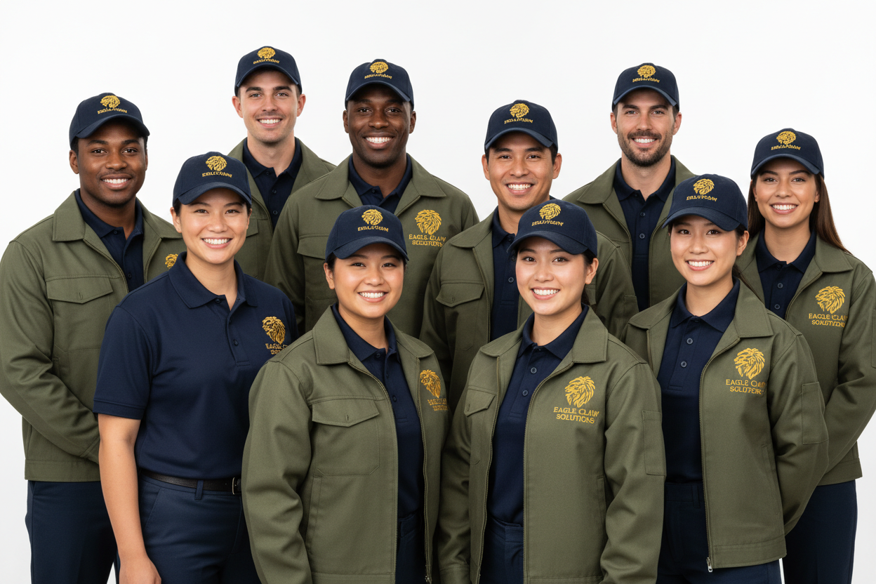 Group of people wearing matching embroidered uniforms, including polo shirts, jackets, and hats, clean bright studio background, professional product photography, smiling and confident, focus on branding and quality, photorealistic, 1920x1080
