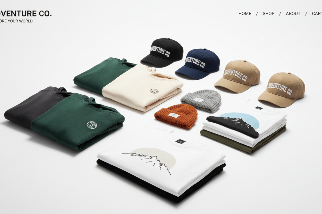Mockup of a Shopify-style branded merchandise store layout with apparel, hats, and hoodies, clean background, professional digital product photography, focus on premium branding, photorealistic