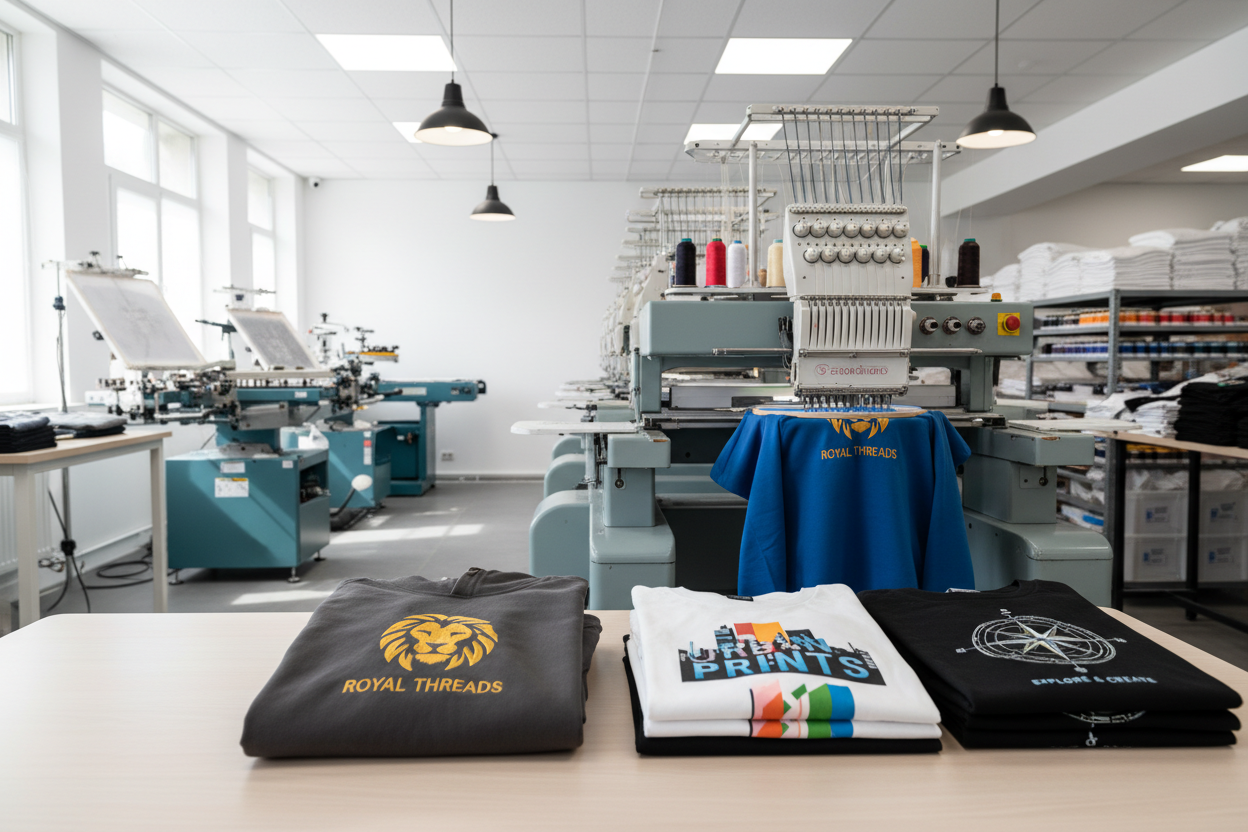 Professional embroidery and printing studio, embroidery machines actively stitching custom apparel, screen printing equipment visible in background, close-up focus on embroidered hoodie and printed t-shirts in the foreground, clean modern workspace, bright natural and studio lighting, realistic textures, professional product photography, focus on craftsmanship and production quality, photorealistic, modern Shopify hero banner composition, wide format, 1920x1080